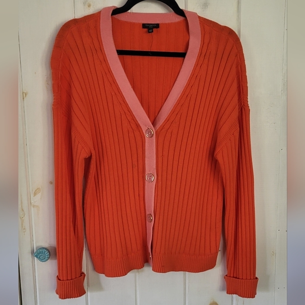 Talbots Ribbed Button Front Tipped Cardigan - Picture 2 of 7